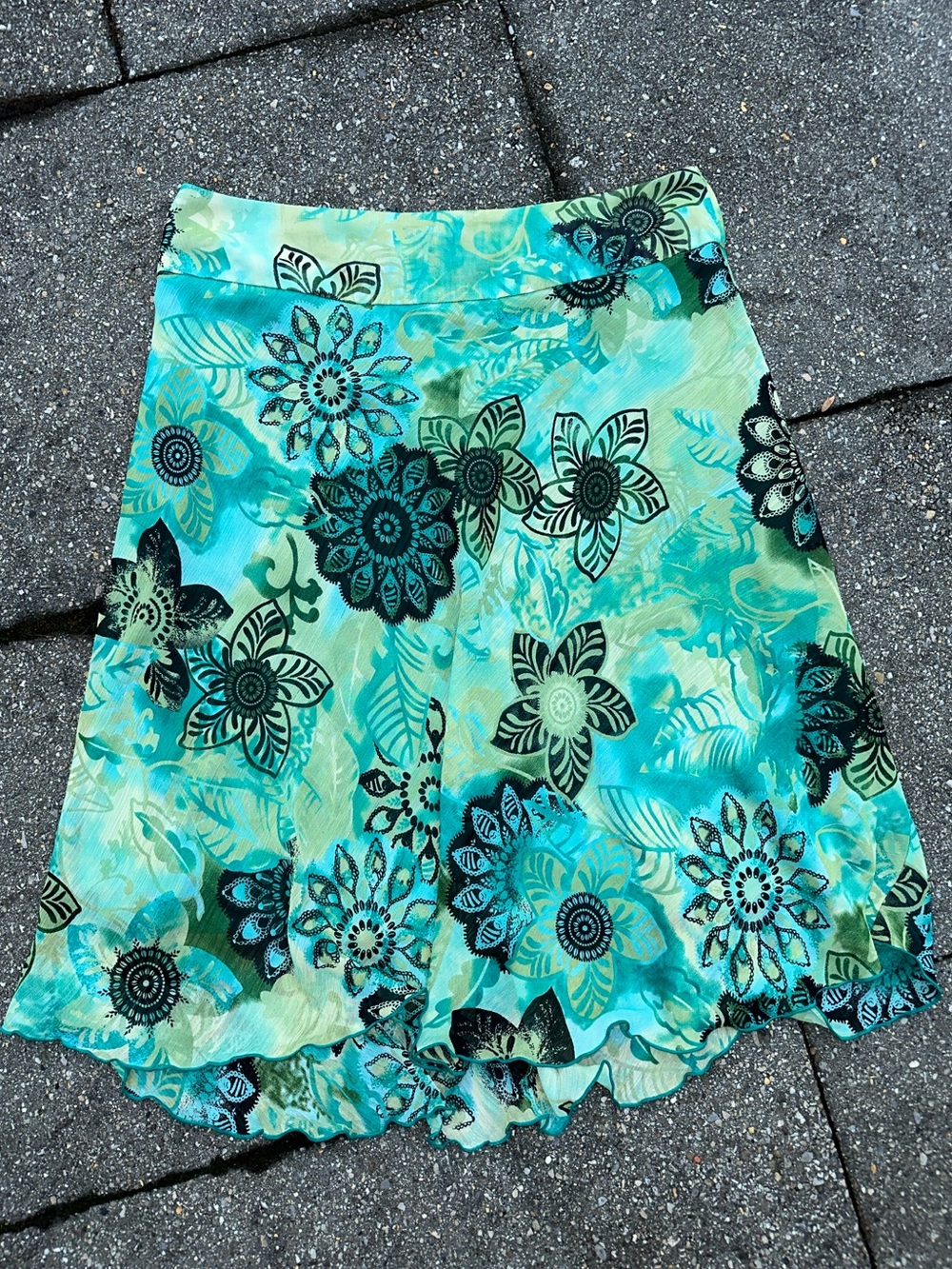 Vintage Y2K Reitmans Teal Green Tropical Paisley Mesh Midi Skirt Size 9